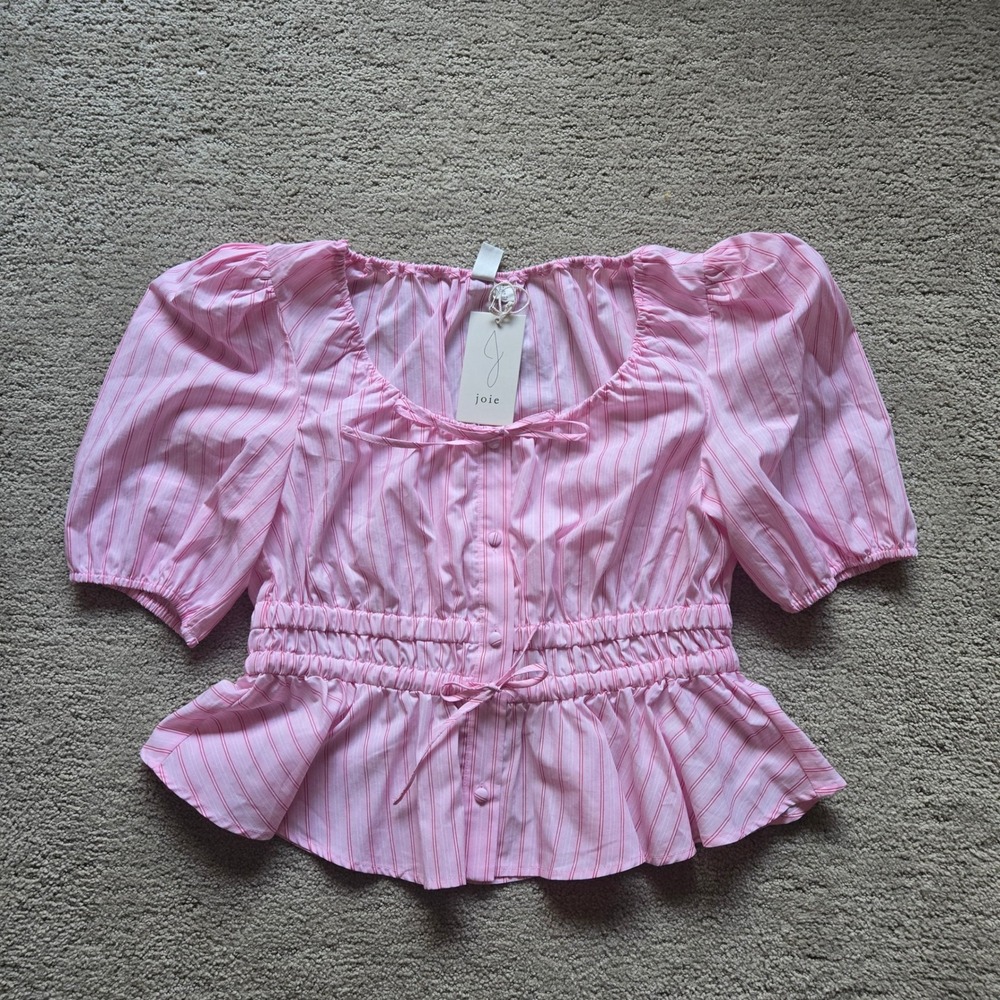 Joie Pink Striped Puff Sleeve Smocked Peplum Blouse Top NWT Medium Cottagecore